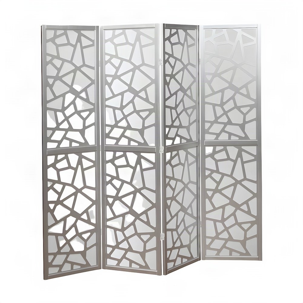 Wood and Non-Woven Fabric 4-Panel Folding Privacy Screen Room Divider, Silver