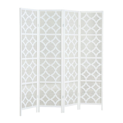 Wood and Fabric 4-Panel Folding Room Divider with Diamond Design, White