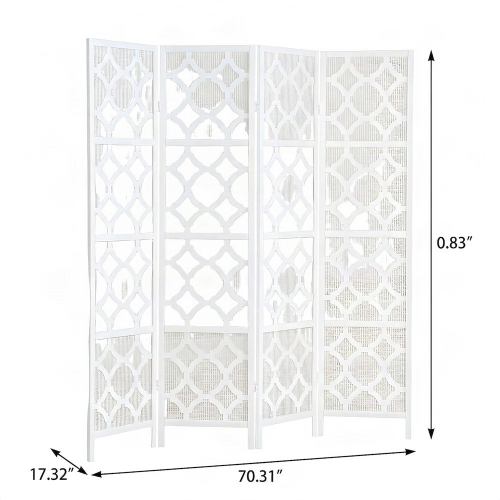 Wood and Fabric 4-Panel Folding Room Divider with Diamond Design, White