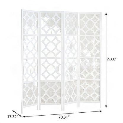 Wood and Fabric 4-Panel Folding Room Divider with Diamond Design, White