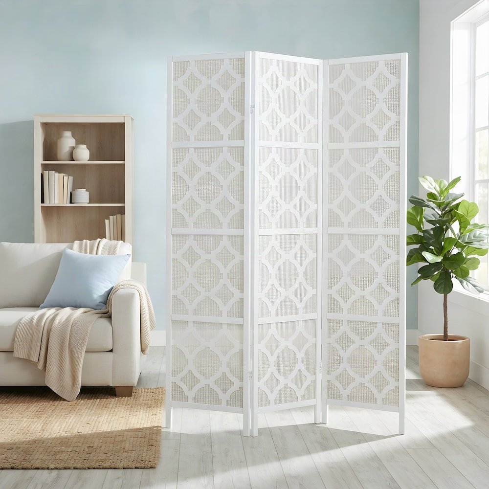 Wood and Fabric 4-Panel Folding Room Divider with Diamond Design, White