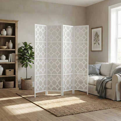 Wood and Fabric 4-Panel Folding Room Divider with Diamond Design, White