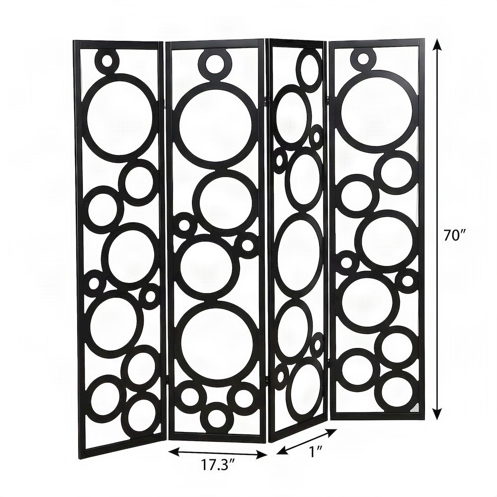 Wood 4-Panel Folding Room Divider with Circle-Pattern Fabric Screen, Black