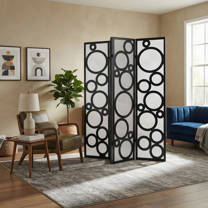 Wood 4-Panel Folding Room Divider with Circle-Pattern Fabric Screen, Black
