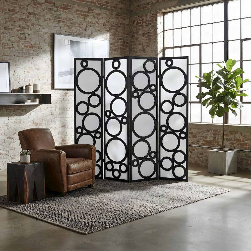 Wood 4-Panel Folding Room Divider with Circle-Pattern Fabric Screen, Black