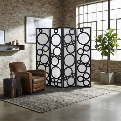 Wood 4-Panel Folding Room Divider with Circle-Pattern Fabric Screen, Black