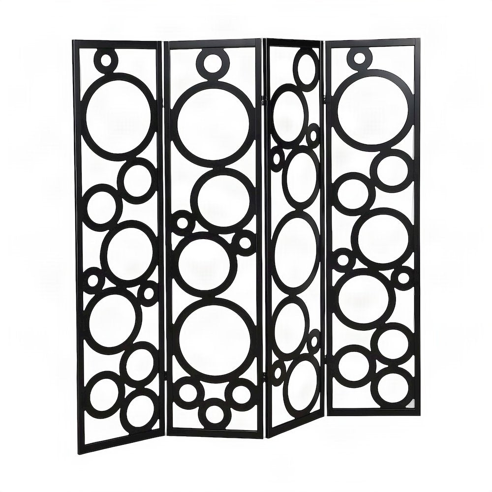 Wood 4-Panel Folding Room Divider with Circle-Pattern Fabric Screen, Black