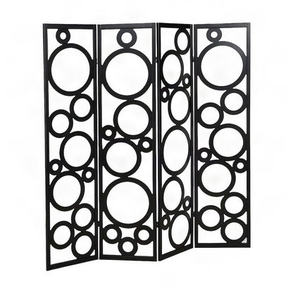 Wood 4-Panel Folding Room Divider with Circle-Pattern Fabric Screen, Black