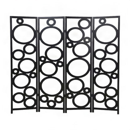 Wood 4-Panel Folding Room Divider with Circle-Pattern Fabric Screen, Black
