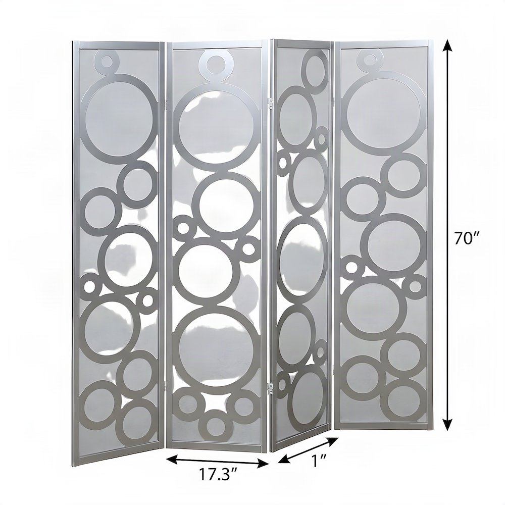 Wood 4-Panel Folding Room Divider with Circle-Pattern Fabric Screen, Silver
