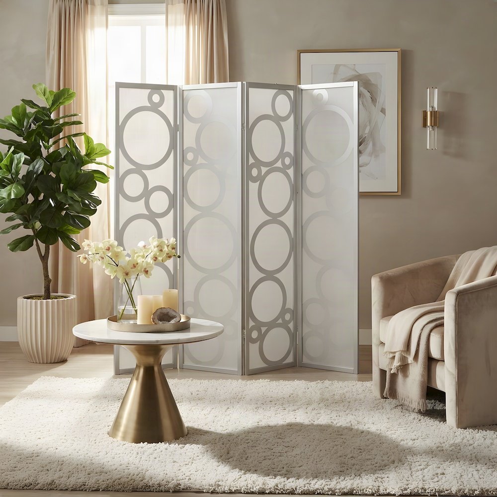 Wood 4-Panel Folding Room Divider with Circle-Pattern Fabric Screen, Silver