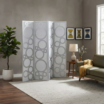 Wood 4-Panel Folding Room Divider with Circle-Pattern Fabric Screen, Silver