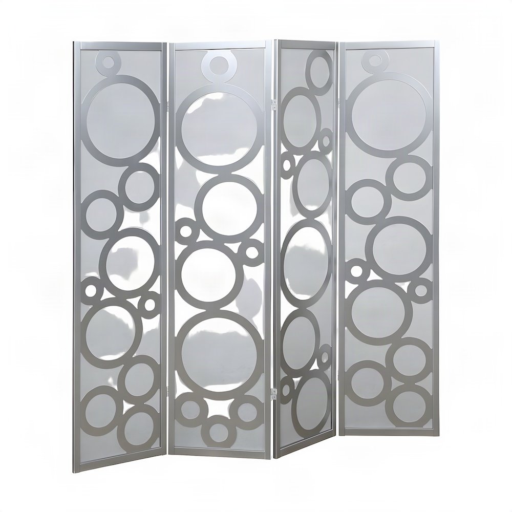 Wood 4-Panel Folding Room Divider with Circle-Pattern Fabric Screen, Silver