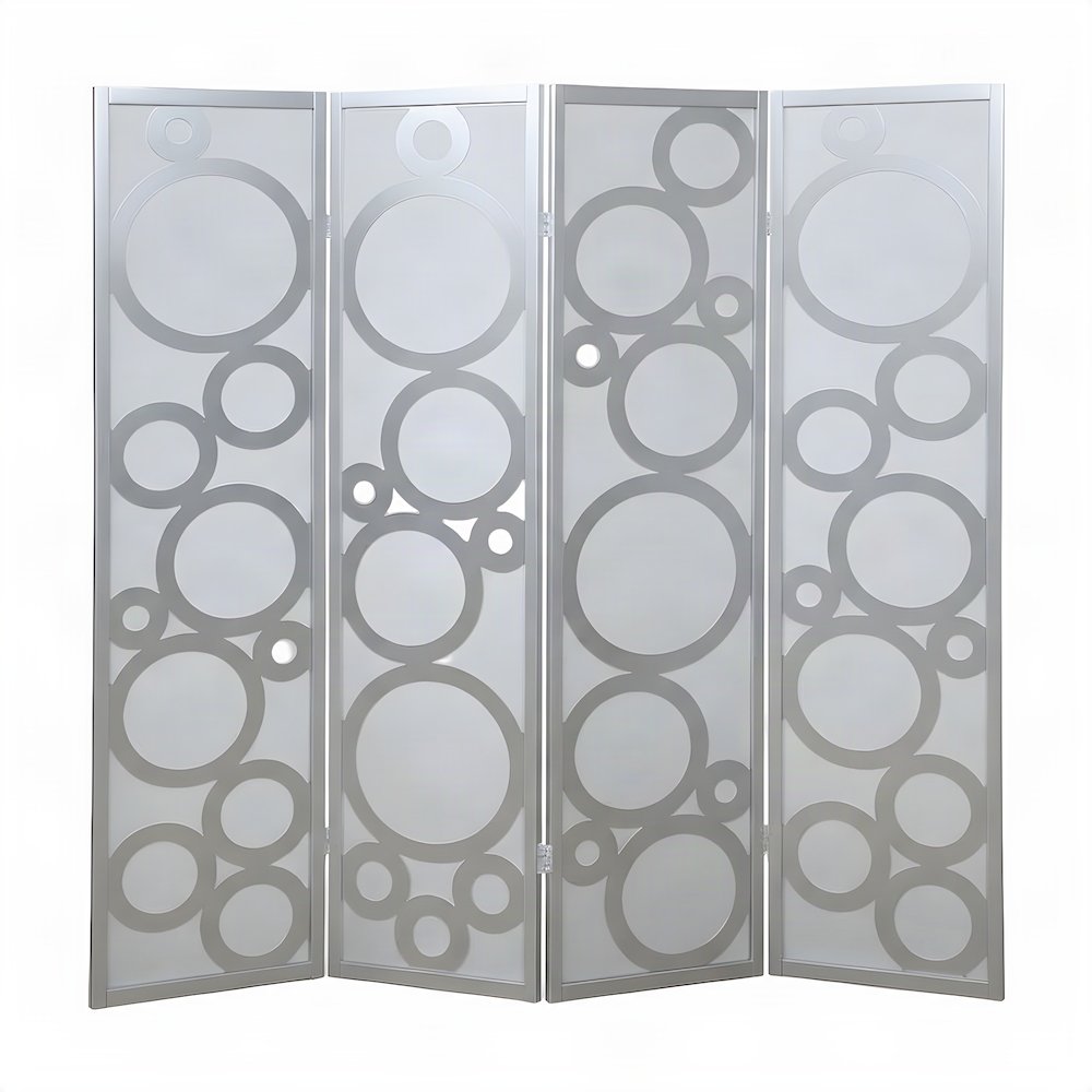Wood 4-Panel Folding Room Divider with Circle-Pattern Fabric Screen, Silver