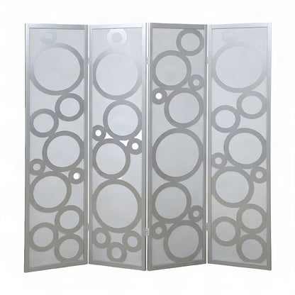 Wood 4-Panel Folding Room Divider with Circle-Pattern Fabric Screen, Silver