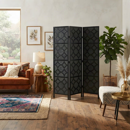 Wood and Non-Woven Fabric 4-Panel Folding Room Divider Screen, Black