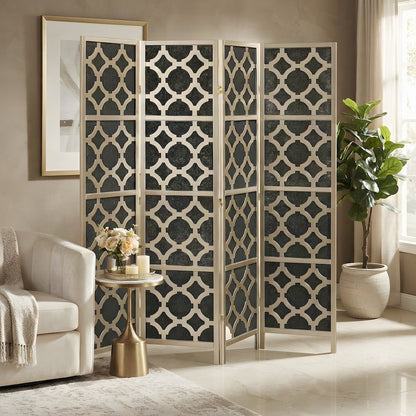 Wood and Non-Woven Fabric 4-Panel Folding Privacy Screen Room Divider, Gold