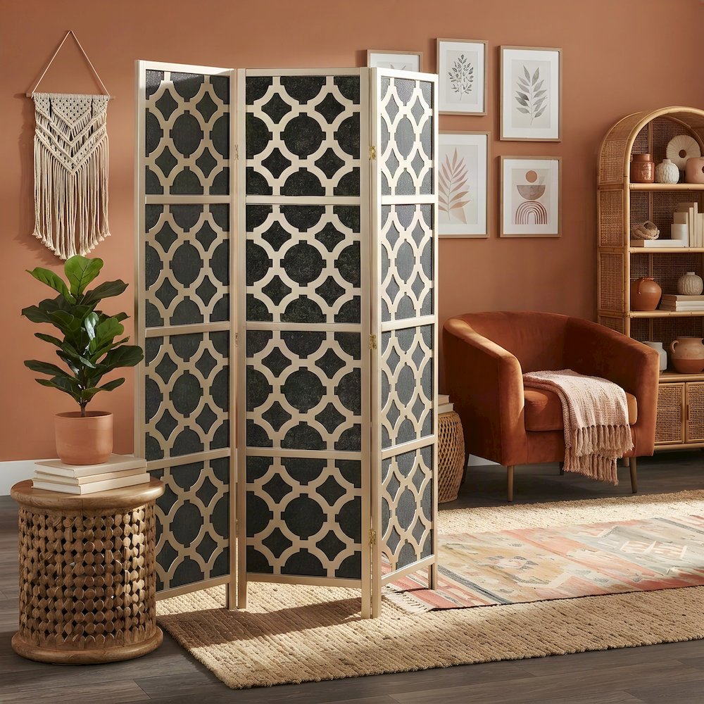 Wood and Non-Woven Fabric 4-Panel Folding Privacy Screen Room Divider, Gold
