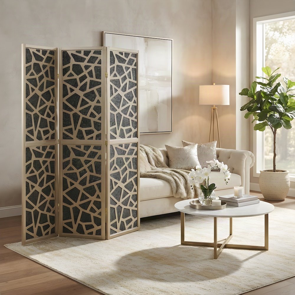 4-Panel Wood and Non-Woven Fabric Folding Room Divider Screen, Gold