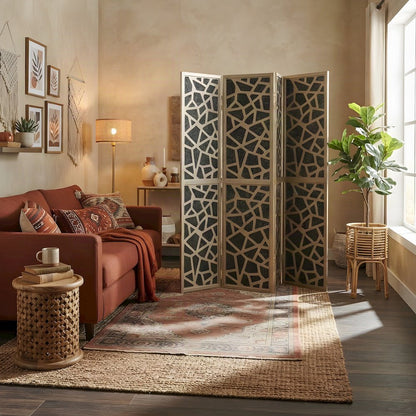 4-Panel Wood and Non-Woven Fabric Folding Room Divider Screen, Gold