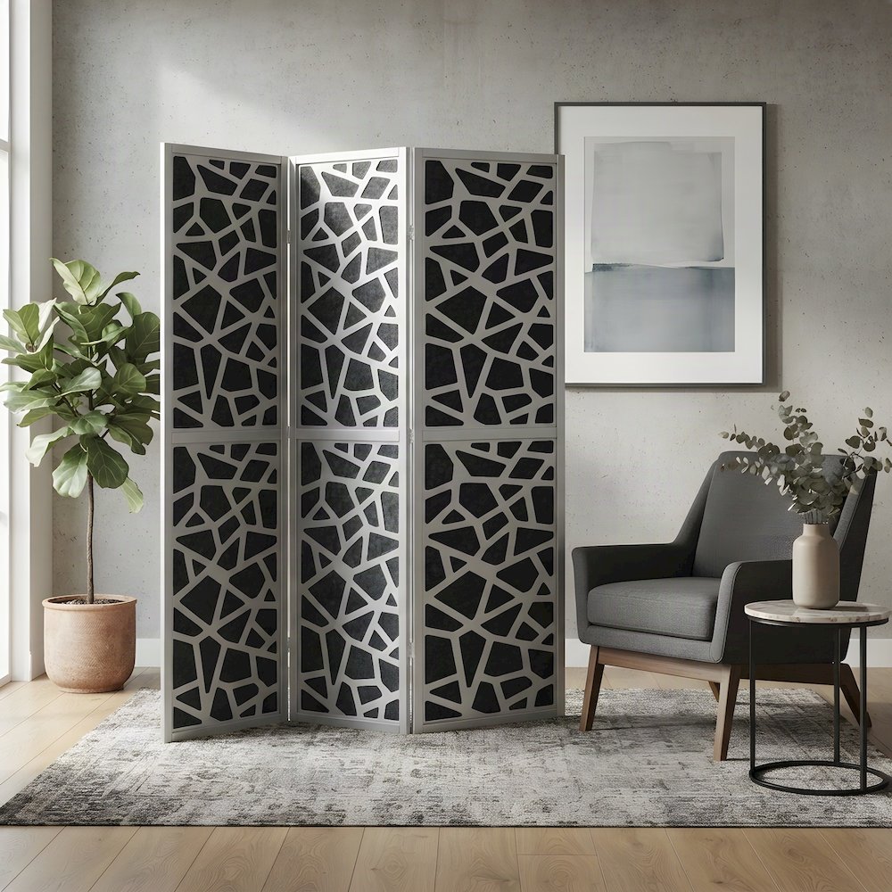 4-Panel Wood and Non-Woven Fabric Folding Room Divider Screen, Silver