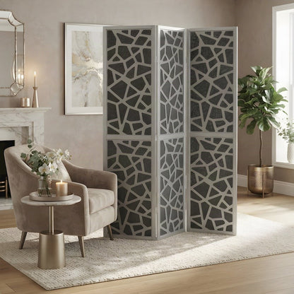 4-Panel Wood and Non-Woven Fabric Folding Room Divider Screen, Silver