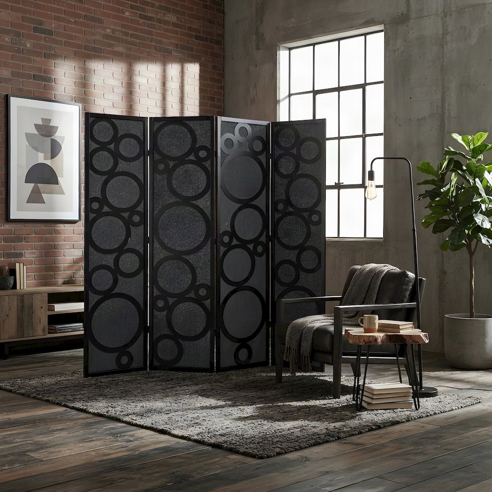 Wood and Non-Woven Fabric 4-Panel Folding Freestanding Room Divider, Black