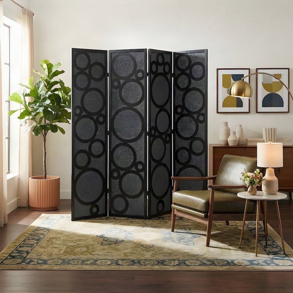 Wood and Non-Woven Fabric 4-Panel Folding Freestanding Room Divider, Black