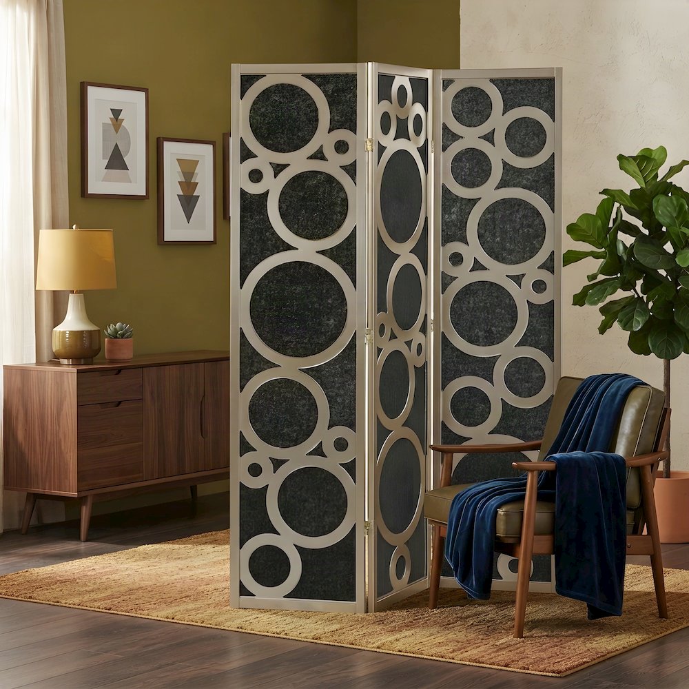 Wood and Non-Woven Fabric 4-Panel Folding Freestanding Room Divider, Gold