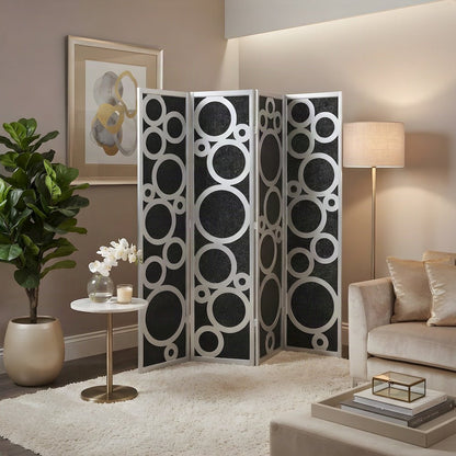 Wood and Non-Woven Fabric 4-Panel Folding Freestanding Room Divider, Silver