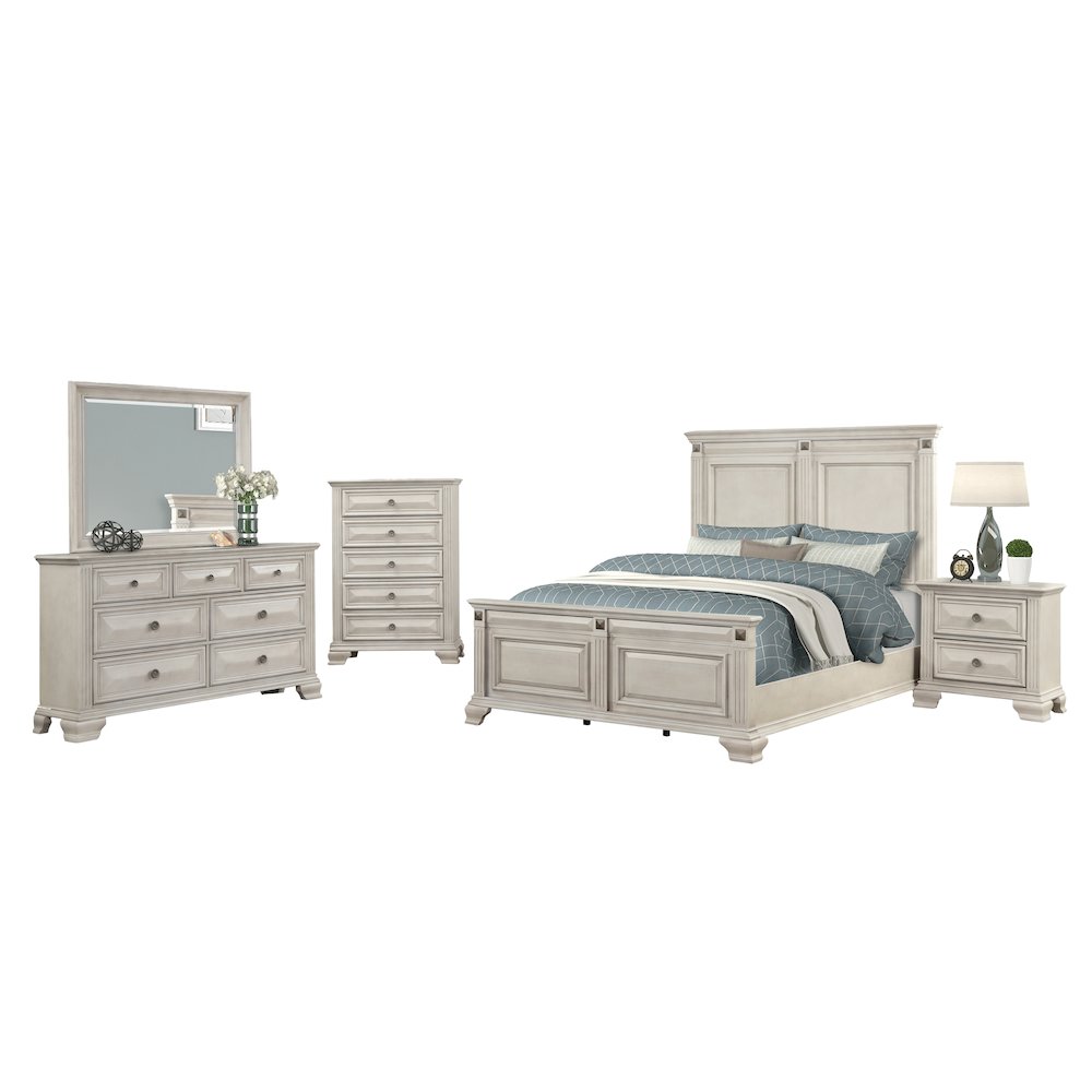 Parchment Wood Bedroom Set, Queen Panel Bed, Dresser, Mirror, Nightstand, Chest