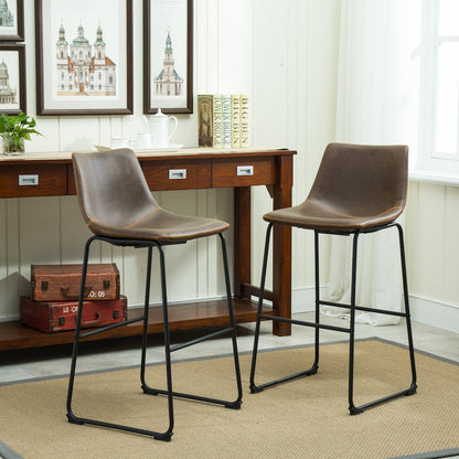 7-Piece Bar Height Antique Black Wood Dining Table, 6 Brown Faux Leather Chairs