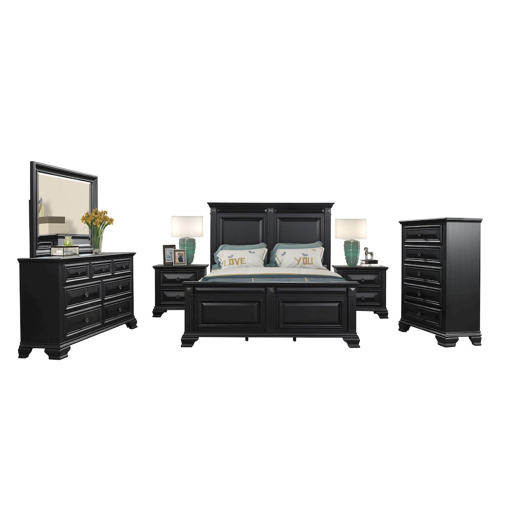 Vintage Black Wood Bedroom Set, Queen Bed, Dresser, Mirror,2 Nightstands, Chest