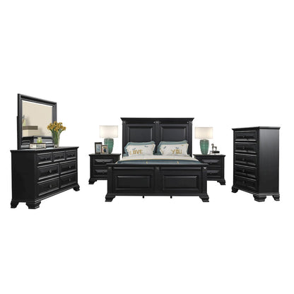 Vintage Black Wood Bedroom Set, Queen Bed, Dresser, Mirror,2 Nightstands, Chest