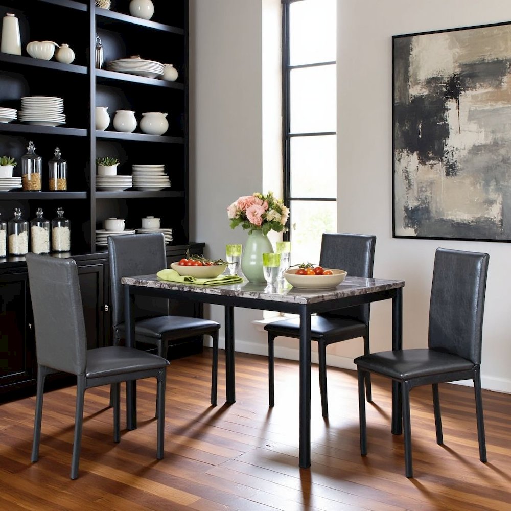 Black Faux Marble Dining Table Set with 4 Chairs, 5-Piece Set