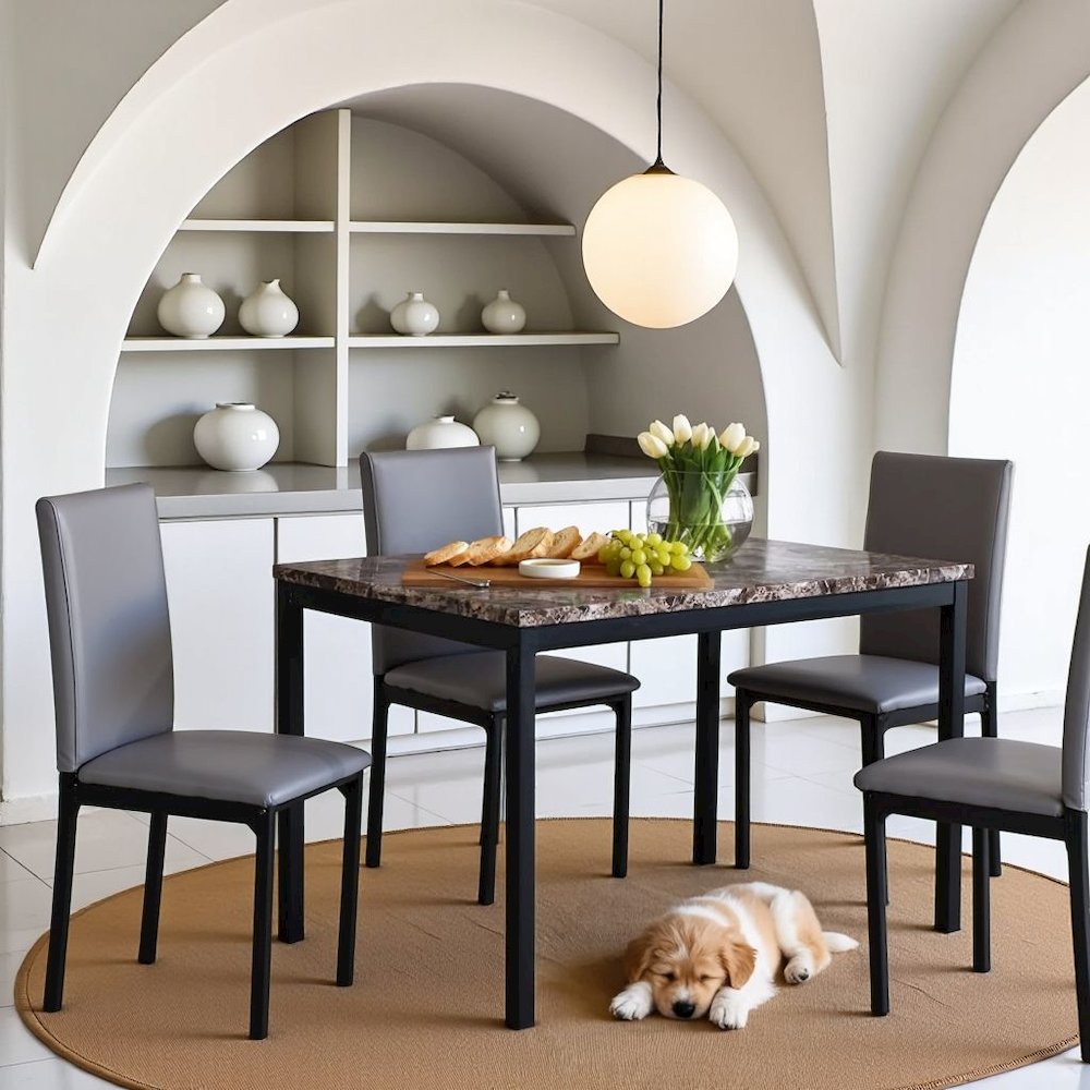 Gray Faux Marble Dining Table Set with 4 Chairs, 5-Piece Set