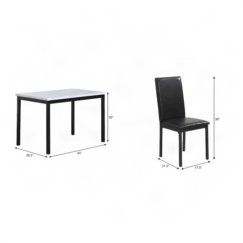 Faux Marble Top Dining Table with Faux Leather Chairs 5 Piece Set, Black