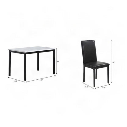 Faux Marble Top Dining Table with Faux Leather Chairs 5 Piece Set, Black