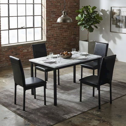 Faux Marble Top Dining Table with Faux Leather Chairs 5 Piece Set, Black