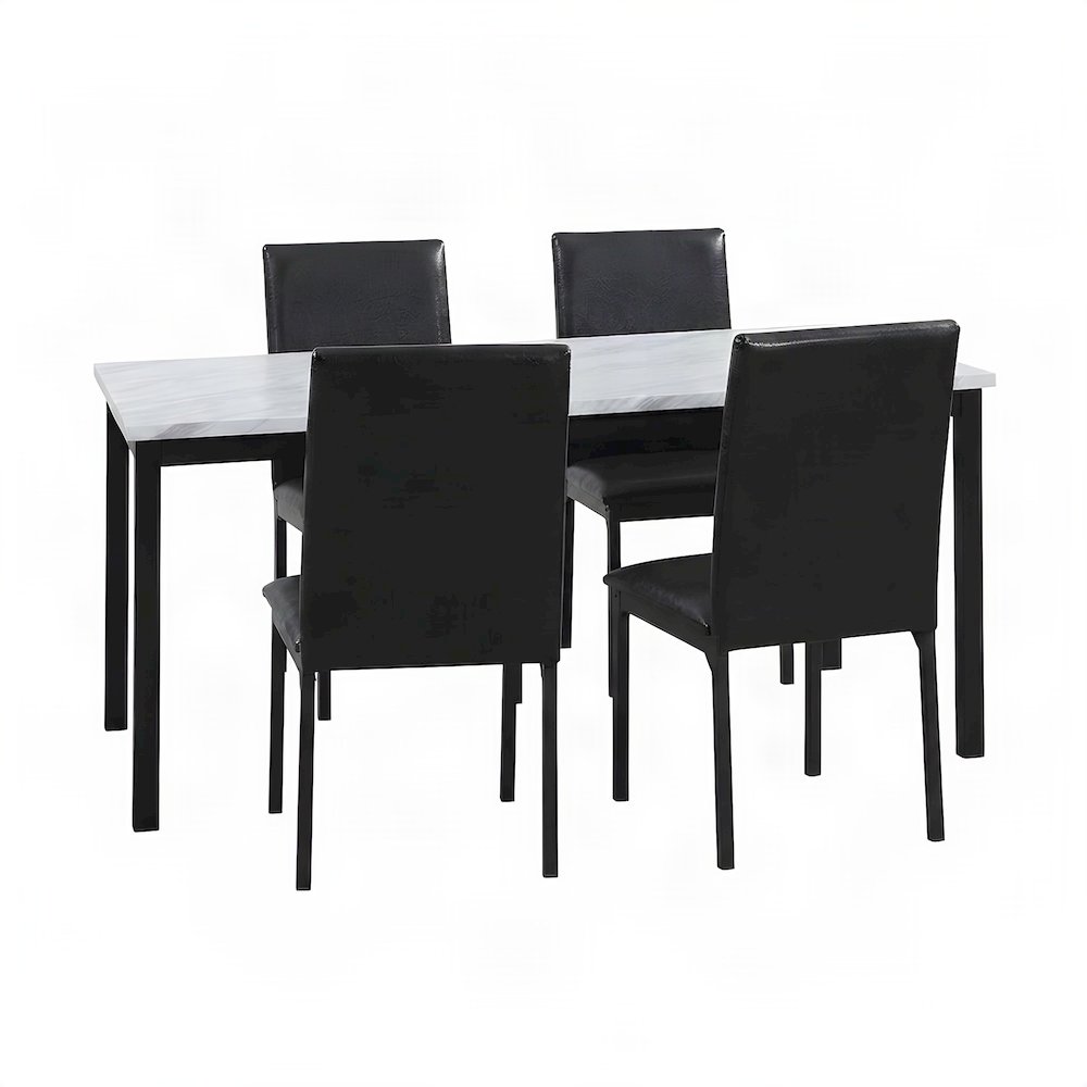 Faux Marble Top Dining Table with Faux Leather Chairs 5 Piece Set, Black
