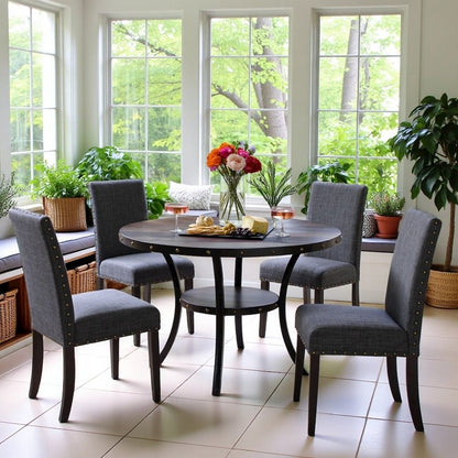 Gray Round Dining Table Set for 4, Upholstered Chairs and Nailhead Trim