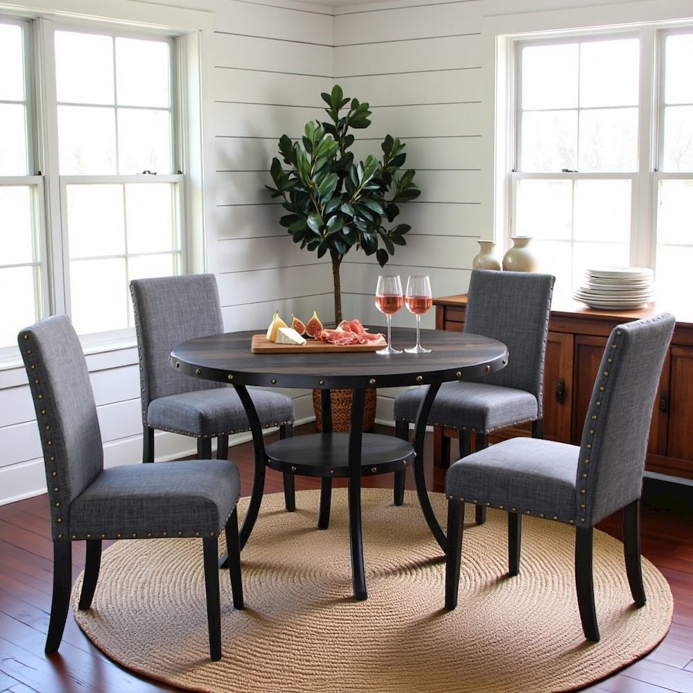 Gray Round Dining Table Set for 4, Upholstered Chairs and Nailhead Trim