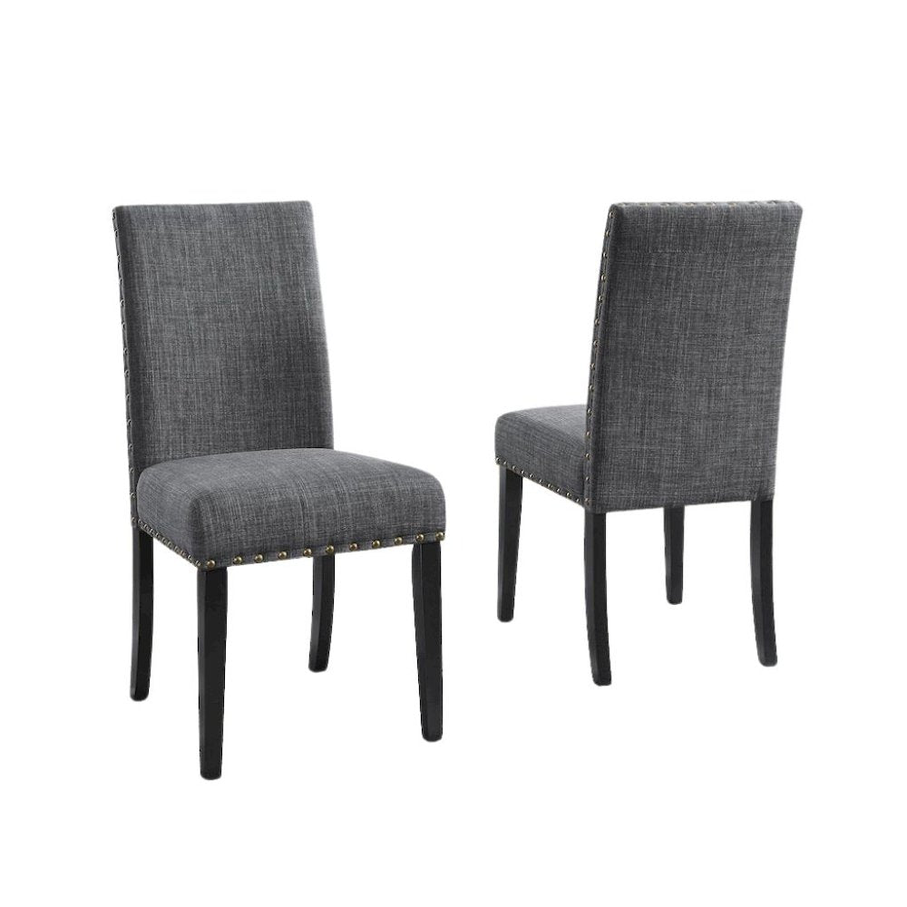 Gray Round Dining Table Set for 4, Upholstered Chairs and Nailhead Trim