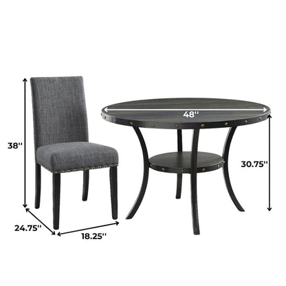 Gray Round Dining Table Set for 4, Upholstered Chairs and Nailhead Trim