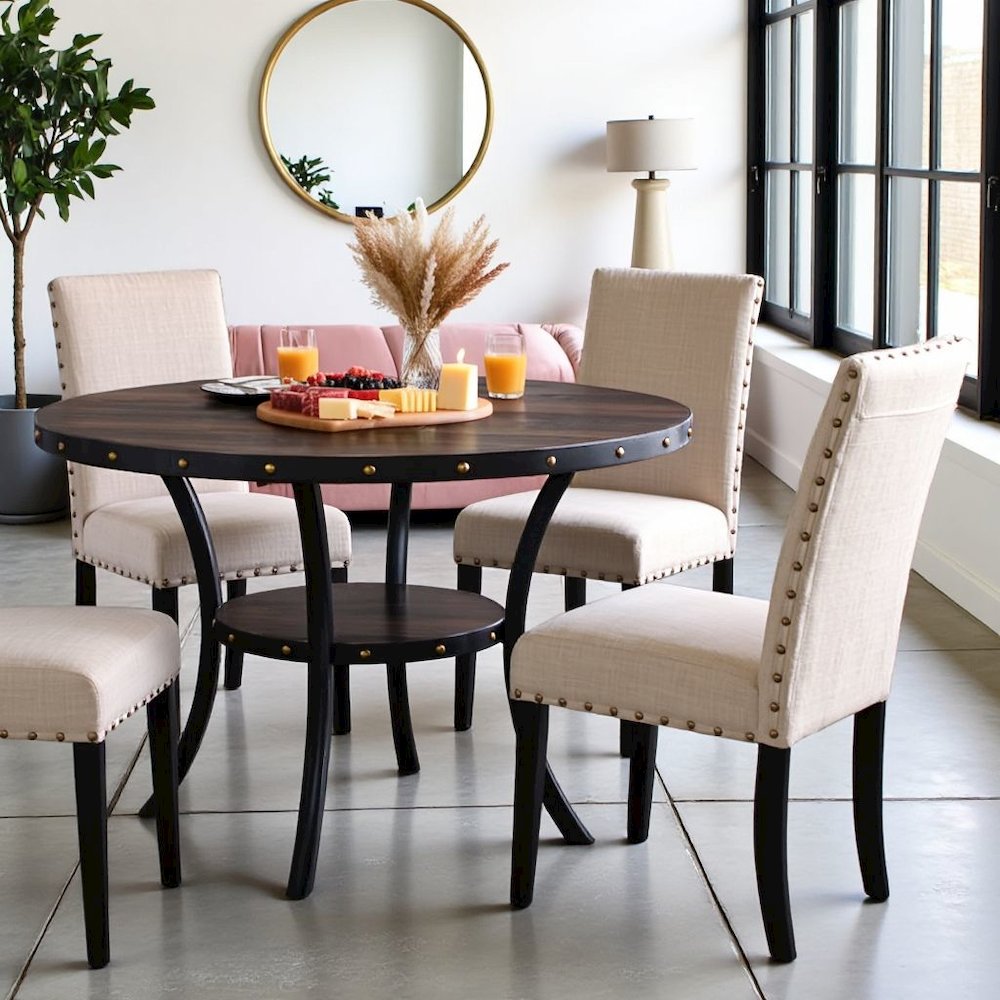 Beige Round Dining Table Set for 4, Upholstered Chairs and Nailhead Trim