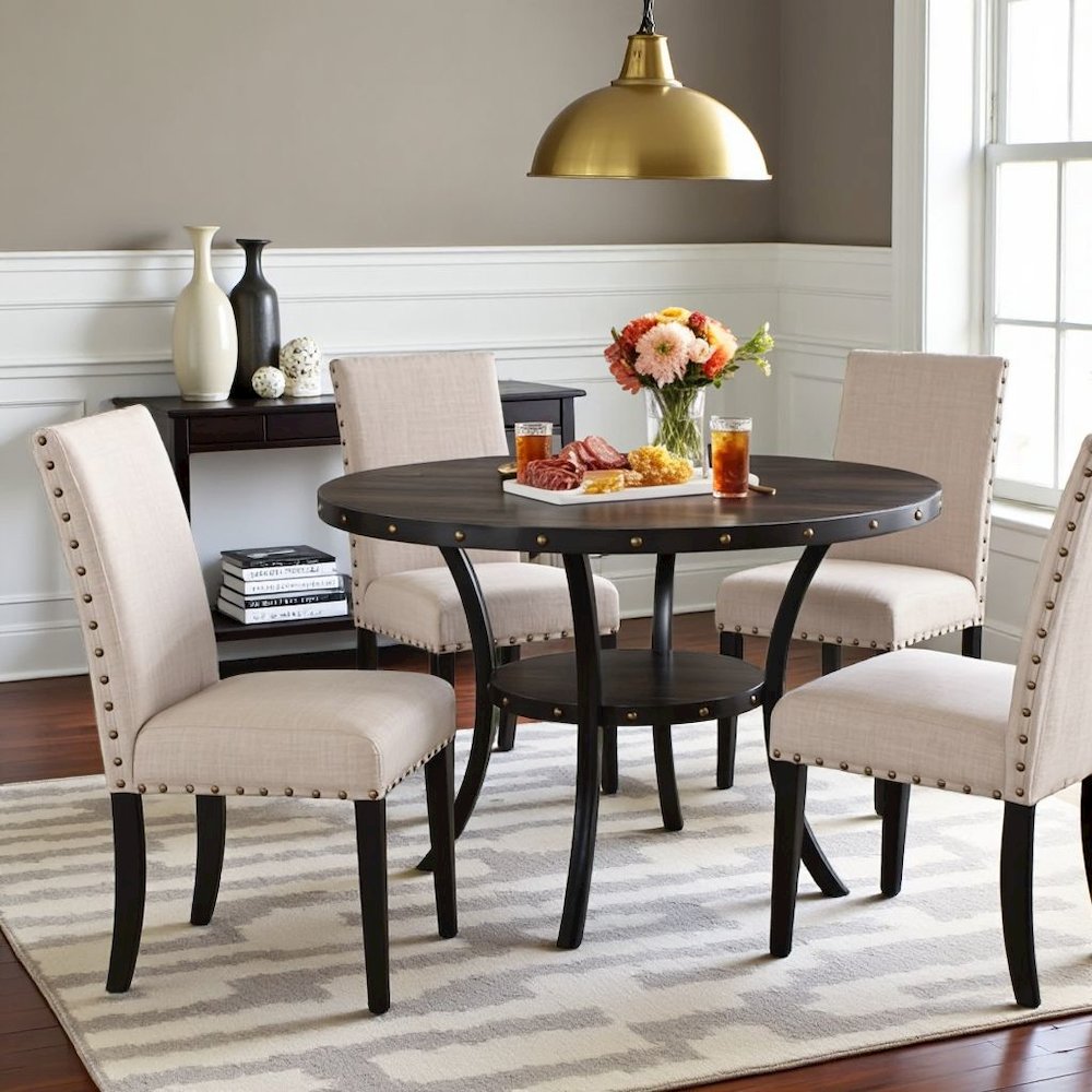 Beige Round Dining Table Set for 4, Upholstered Chairs and Nailhead Trim