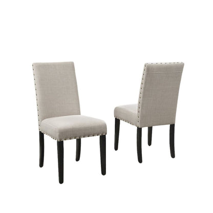 Beige Round Dining Table Set for 4, Upholstered Chairs and Nailhead Trim