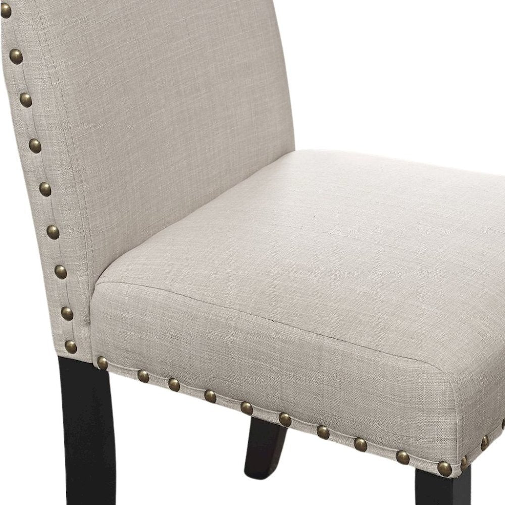 Beige Round Dining Table Set for 4, Upholstered Chairs and Nailhead Trim