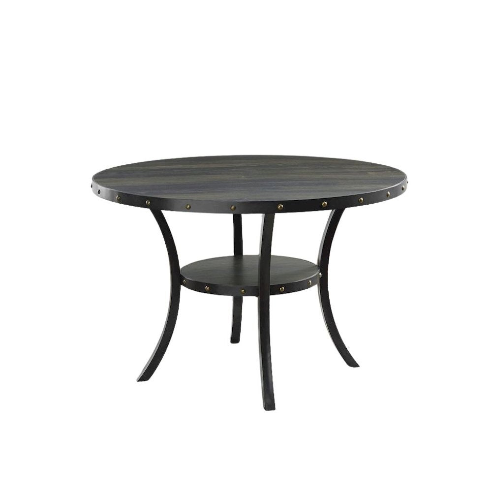Beige Round Dining Table Set for 4, Upholstered Chairs and Nailhead Trim