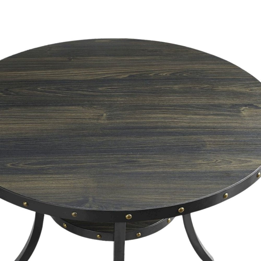 Beige Round Dining Table Set for 4, Upholstered Chairs and Nailhead Trim
